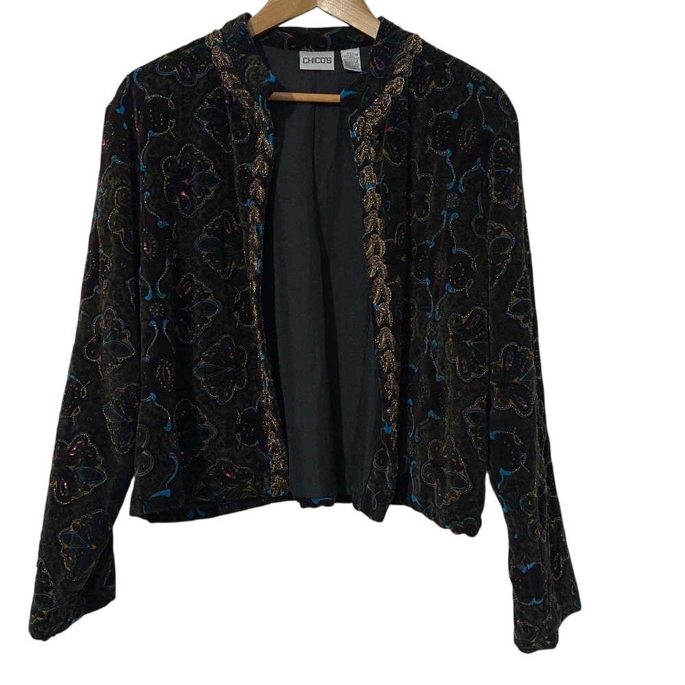 Chicos Velvet Jacket Size 2 (M) with Beaded Trim Party Evening Dinner Holiday